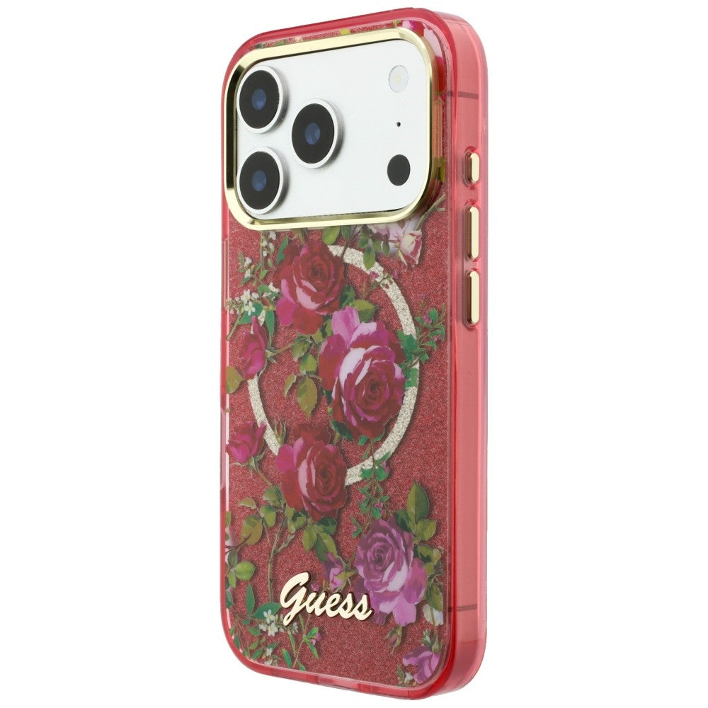 Funda MagSafe para Apple iPhone 18 Pro Max / 17 Pro Max, Guess, IML Glitter Blossom Roses, Burdeos