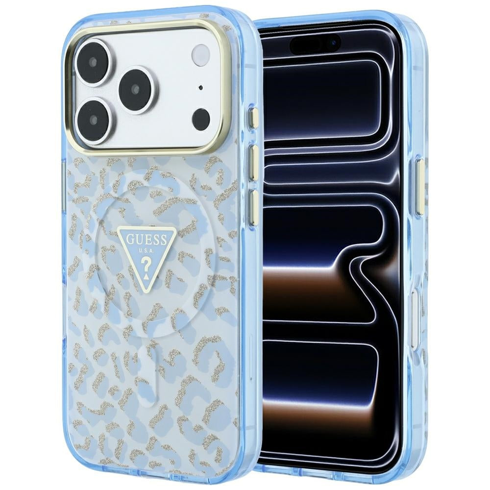 Funda MagSafe para Apple iPhone 18 Pro Max / 17 Pro Max, Guess, Logo Triángulo con Purpurina Leopardo, Azul