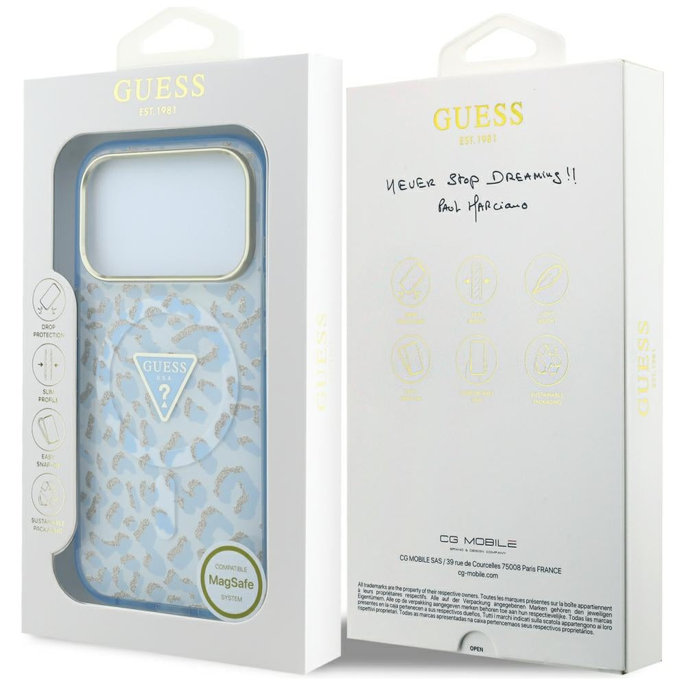 Funda MagSafe para Apple iPhone 18 Pro Max / 17 Pro Max, Guess, Logo Triángulo con Purpurina Leopardo, Azul