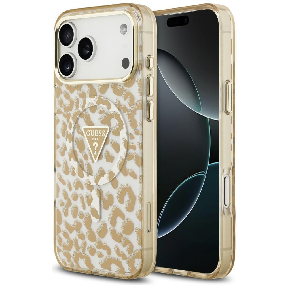 Funda MagSafe para Apple iPhone 18 Pro Max / 17 Pro Max, Guess, Logo Triángulo con Purpurina Leopardo, Marrón