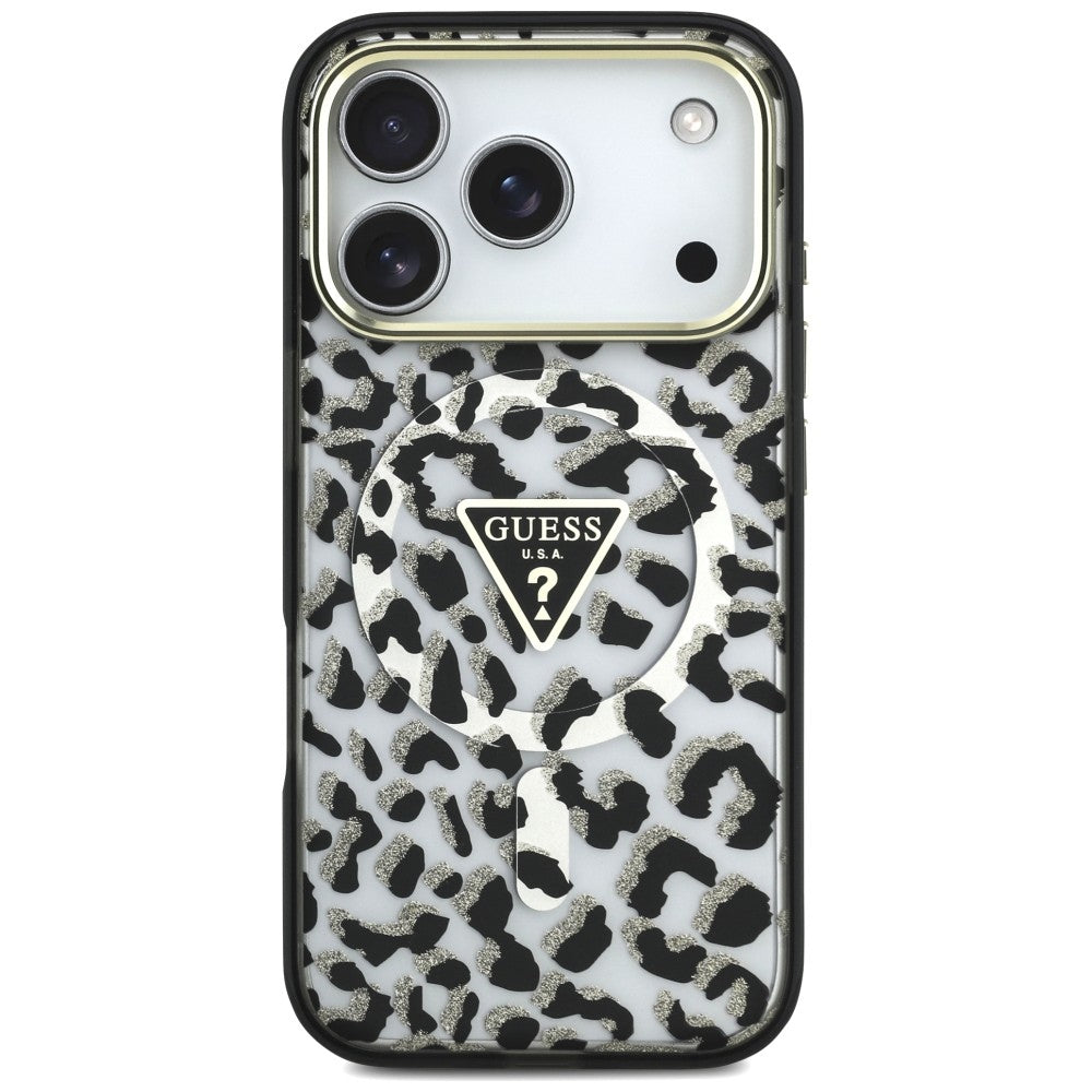 Funda MagSafe para Apple iPhone 18 Pro Max / 17 Pro Max, Guess, Logo Triángulo con Brillo Leopardo, Negra