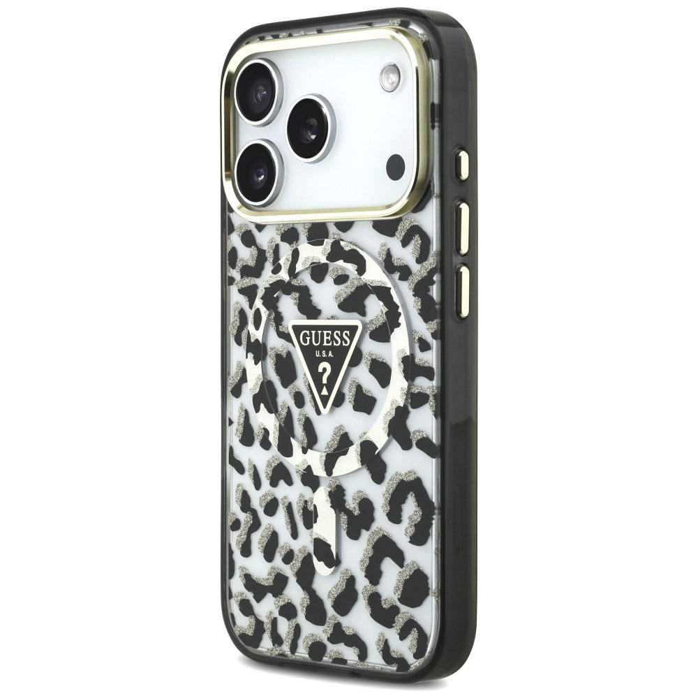 Funda MagSafe para Apple iPhone 18 Pro Max / 17 Pro Max, Guess, Logo Triángulo con Brillo Leopardo, Negra