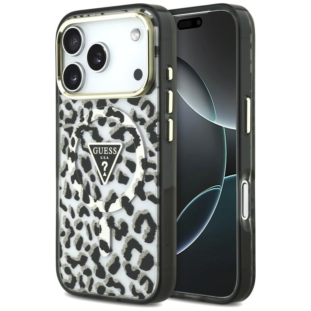 Funda MagSafe para Apple iPhone 18 Pro Max / 17 Pro Max, Guess, Logo Triángulo con Brillo Leopardo, Negra