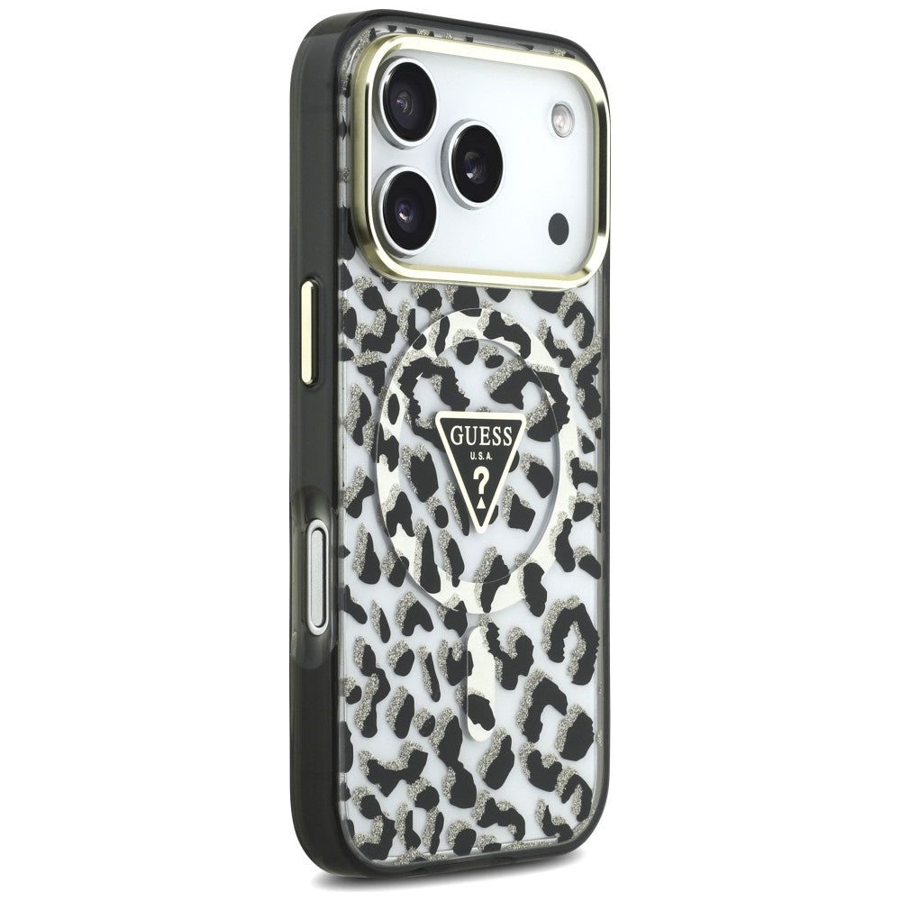 Funda MagSafe para Apple iPhone 18 Pro Max / 17 Pro Max, Guess, Logo Triángulo con Brillo Leopardo, Negra