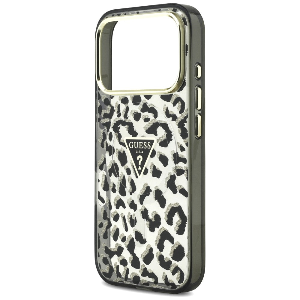 Funda MagSafe para Apple iPhone 18 Pro Max / 17 Pro Max, Guess, Logo Triángulo con Brillo Leopardo, Negra