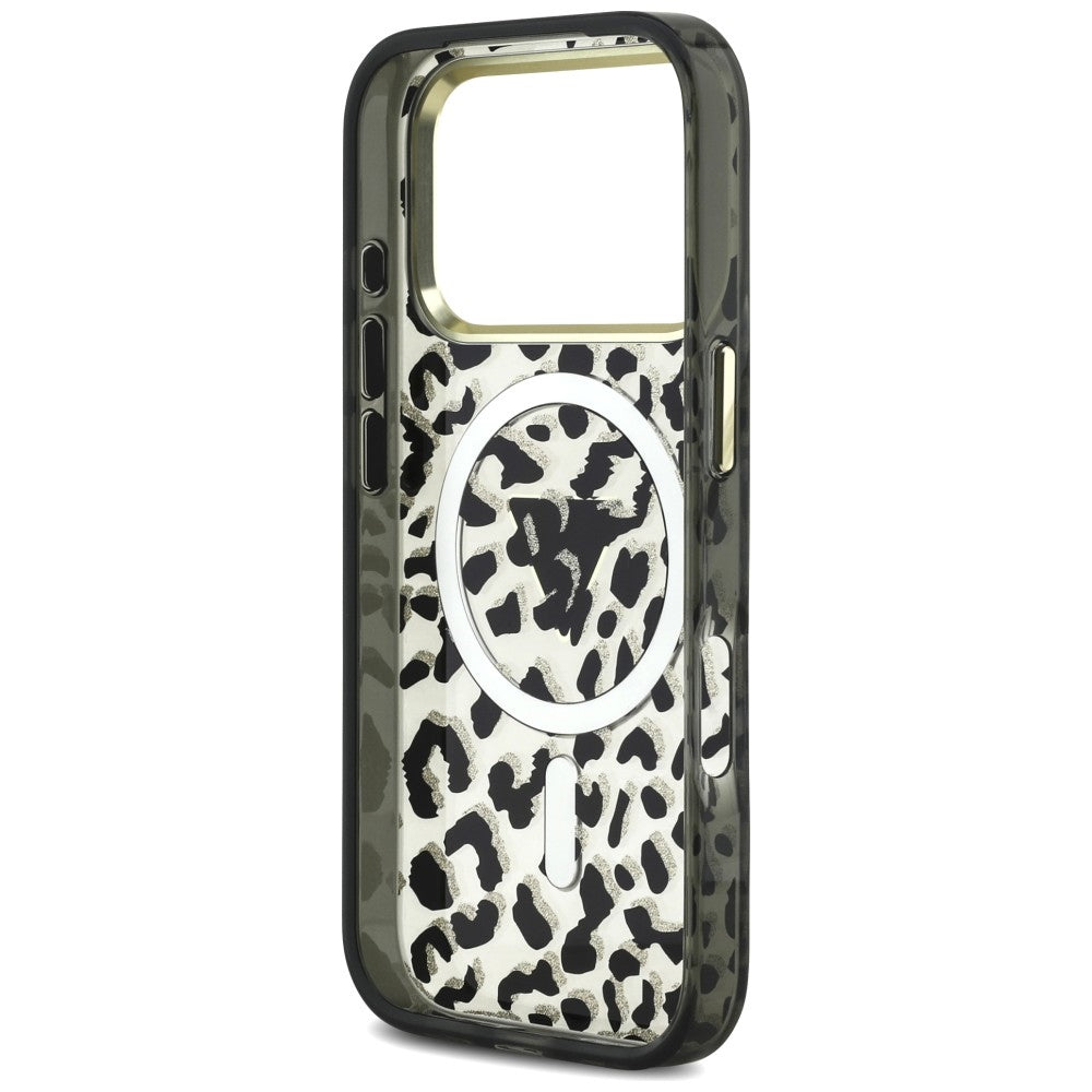 Funda MagSafe para Apple iPhone 18 Pro Max / 17 Pro Max, Guess, Logo Triángulo con Brillo Leopardo, Negra