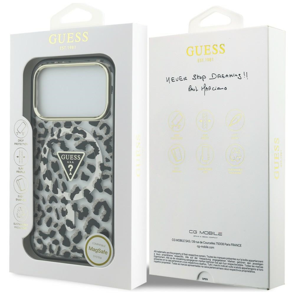 Funda MagSafe para Apple iPhone 18 Pro Max / 17 Pro Max, Guess, Logo Triángulo con Brillo Leopardo, Negra