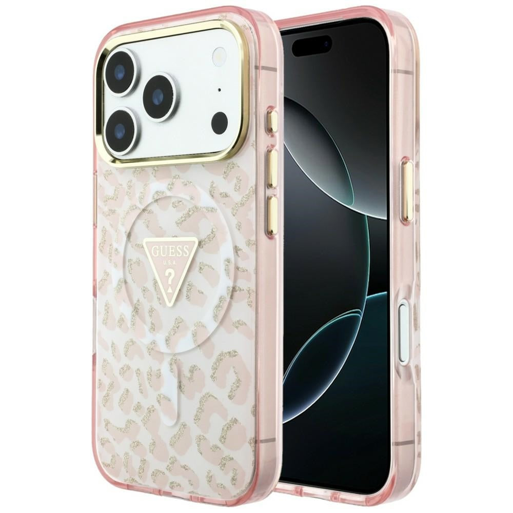 Funda MagSafe para Apple iPhone 18 Pro Max / 17 Pro Max, Guess, Logo Triángulo con Purpurina Leopardo, Rosa