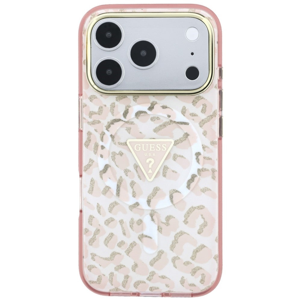 Funda MagSafe para Apple iPhone 18 Pro Max / 17 Pro Max, Guess, Logo Triángulo con Purpurina Leopardo, Rosa