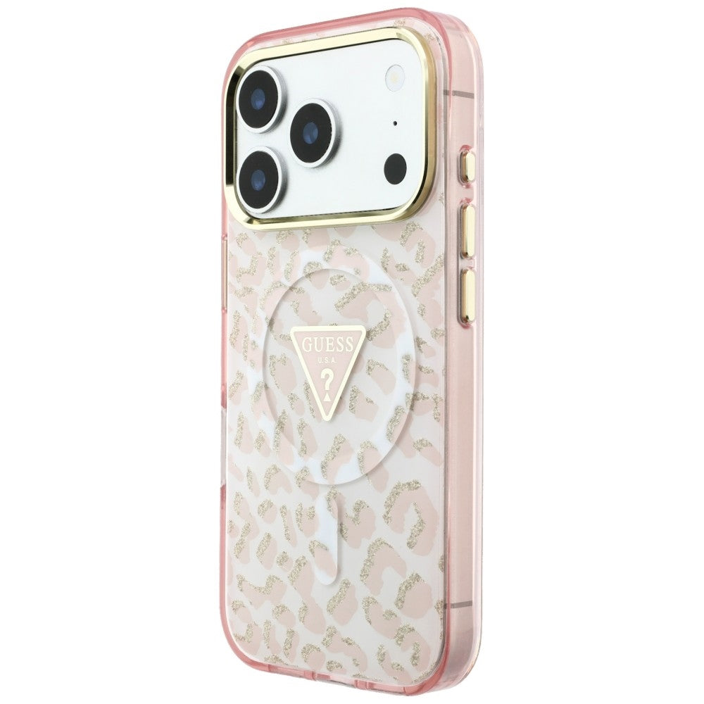 Funda MagSafe para Apple iPhone 18 Pro Max / 17 Pro Max, Guess, Logo Triángulo con Purpurina Leopardo, Rosa