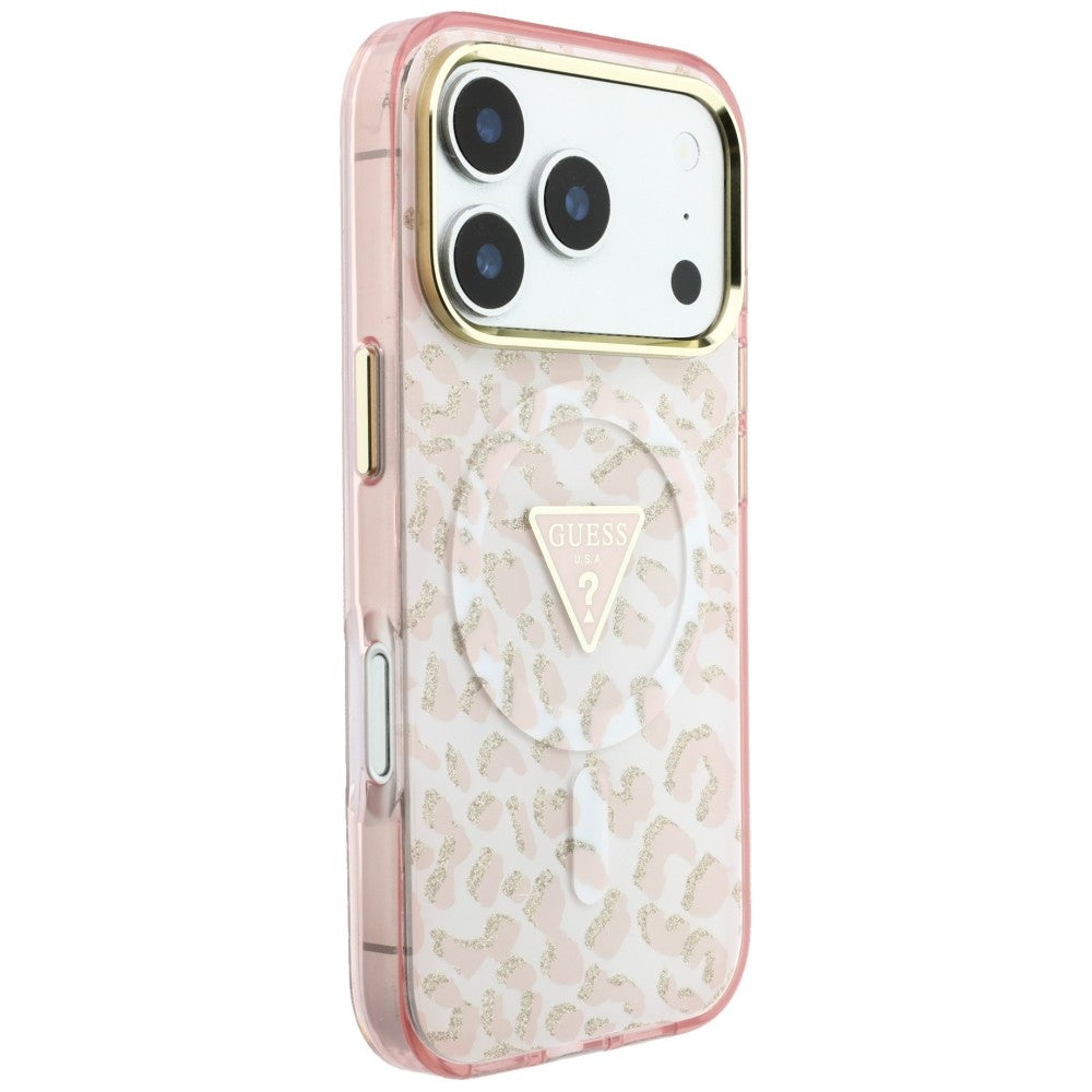 Funda MagSafe para Apple iPhone 18 Pro Max / 17 Pro Max, Guess, Logo Triángulo con Purpurina Leopardo, Rosa