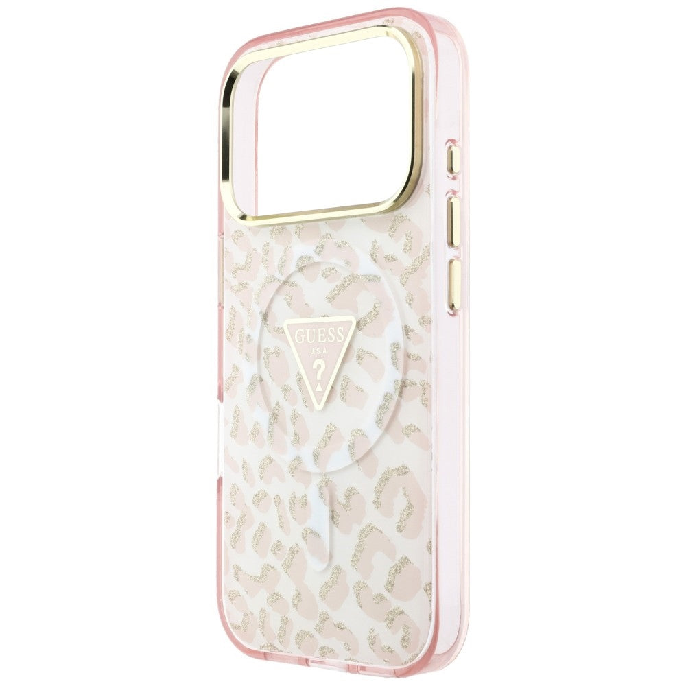Funda MagSafe para Apple iPhone 18 Pro Max / 17 Pro Max, Guess, Logo Triángulo con Purpurina Leopardo, Rosa
