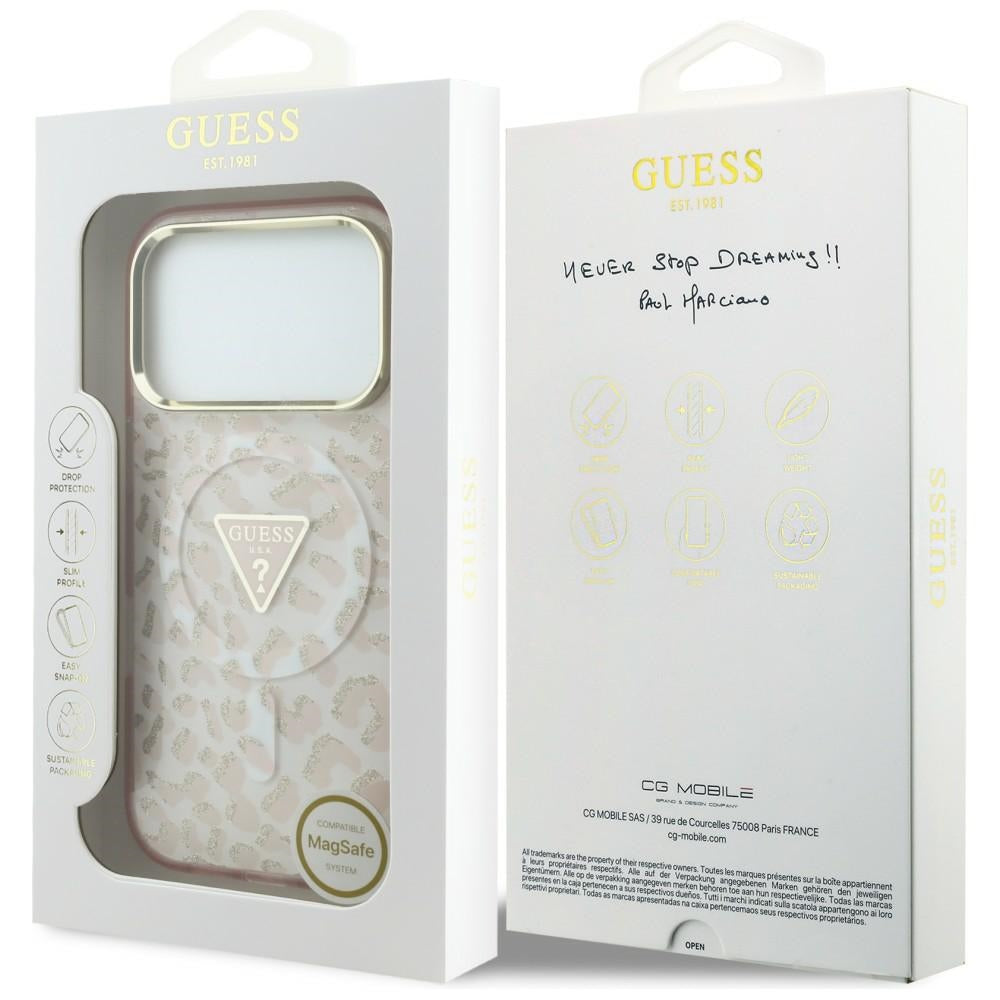 Funda MagSafe para Apple iPhone 18 Pro Max / 17 Pro Max, Guess, Logo Triángulo con Purpurina Leopardo, Rosa