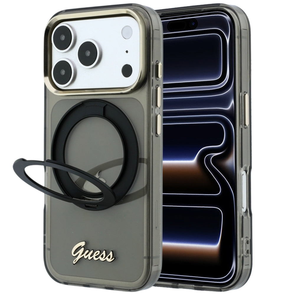 Funda MagSafe para Apple iPhone 18 Pro Max / 17 Pro Max, Guess, Soporte Anillo Logo de Metal Script, Negra