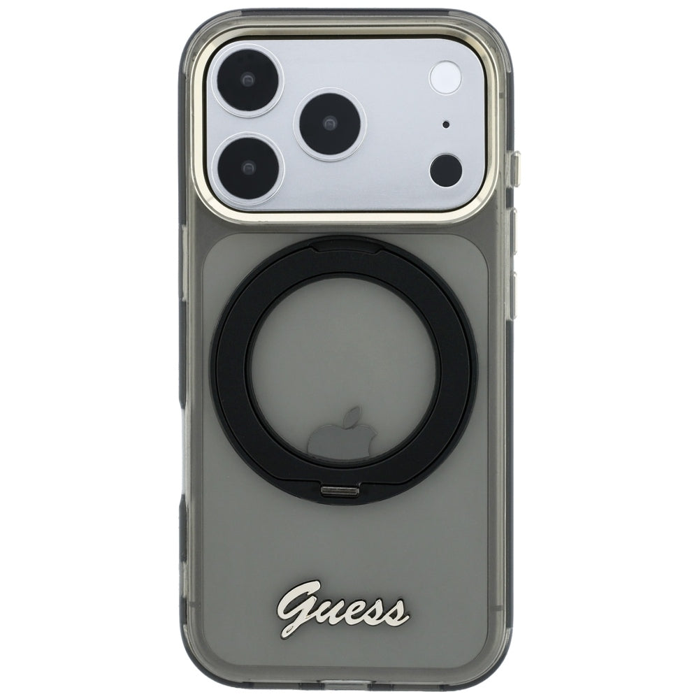 Funda MagSafe para Apple iPhone 18 Pro Max / 17 Pro Max, Guess, Soporte Anillo Logo de Metal Script, Negra
