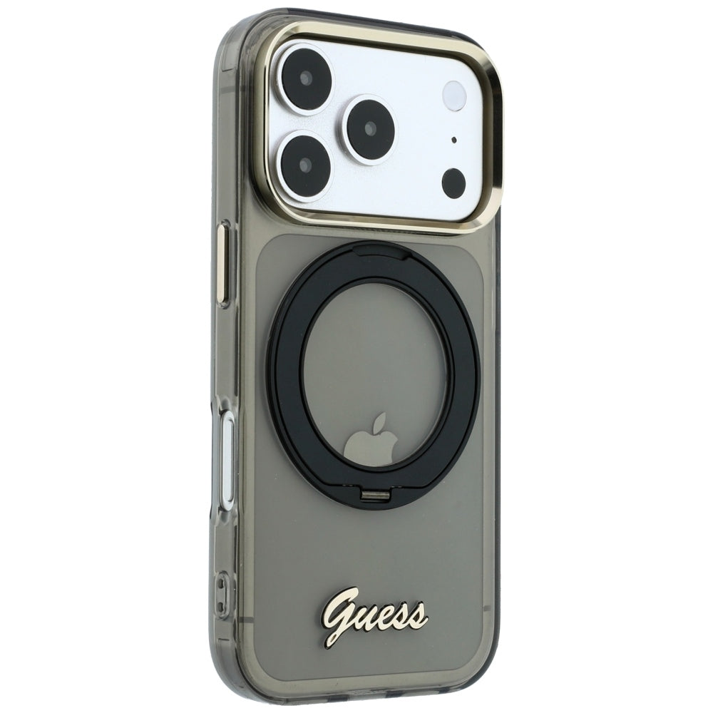 Funda MagSafe para Apple iPhone 18 Pro Max / 17 Pro Max, Guess, Soporte Anillo Logo de Metal Script, Negra