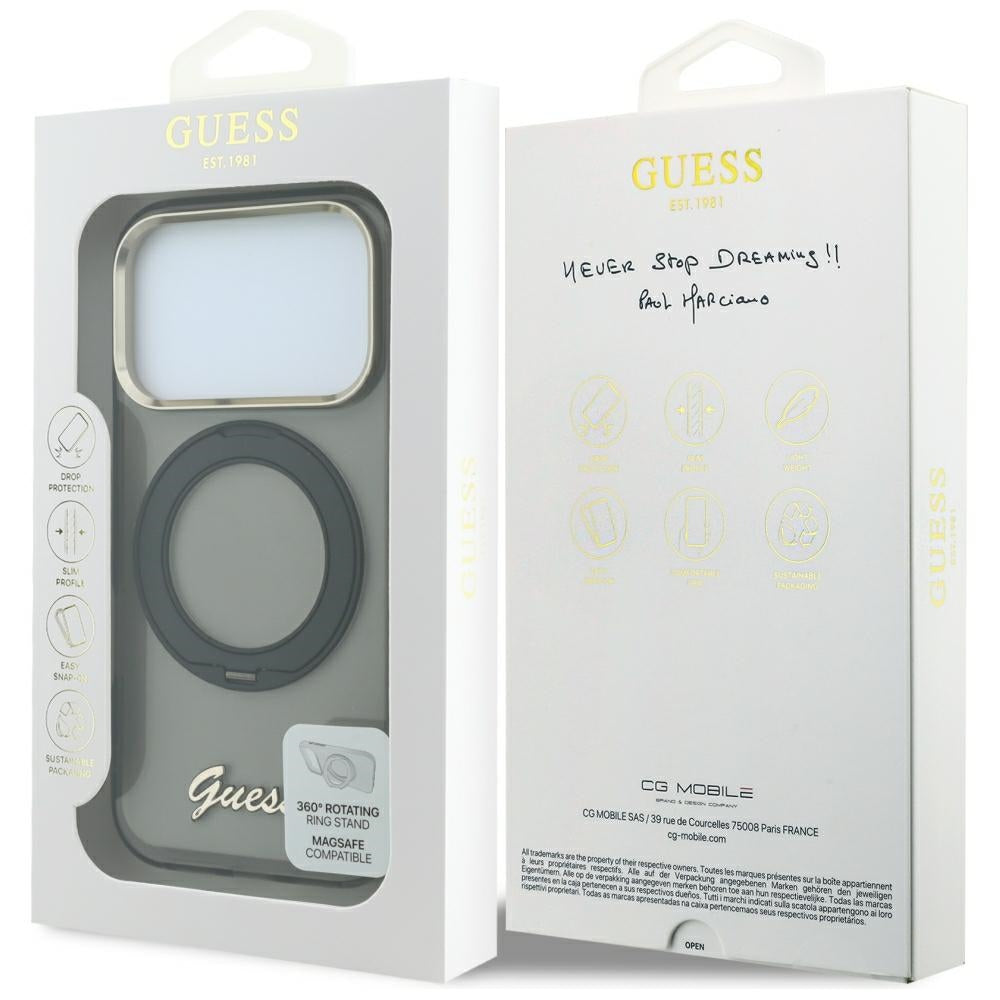 Funda MagSafe para Apple iPhone 18 Pro Max / 17 Pro Max, Guess, Soporte Anillo Logo de Metal Script, Negra