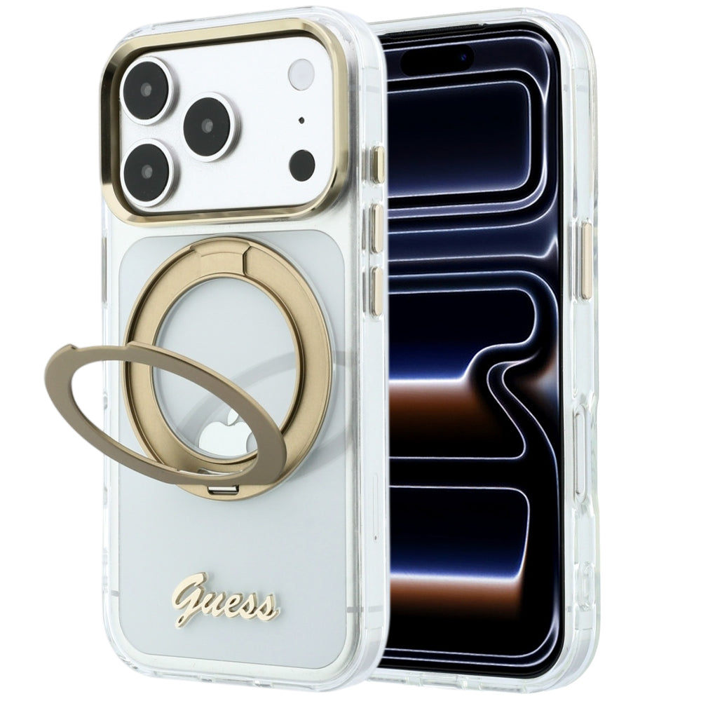 Funda MagSafe para Apple iPhone 18 Pro Max / 17 Pro Max, Guess, Soporte de Anillo Logo de Metal Script, Transparente