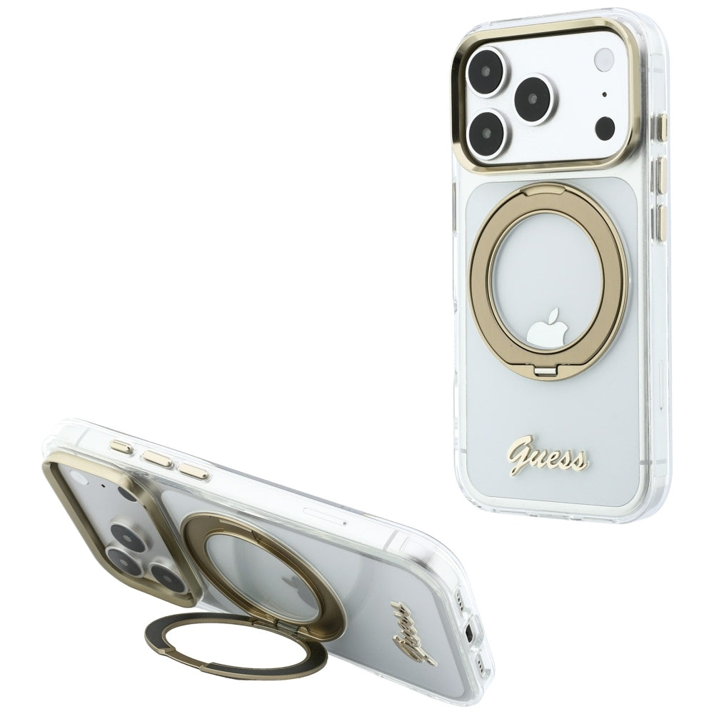 Funda MagSafe para Apple iPhone 18 Pro Max / 17 Pro Max, Guess, Soporte de Anillo Logo de Metal Script, Transparente