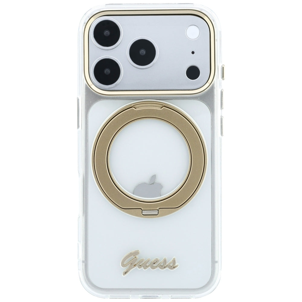 Funda MagSafe para Apple iPhone 18 Pro Max / 17 Pro Max, Guess, Soporte de Anillo Logo de Metal Script, Transparente
