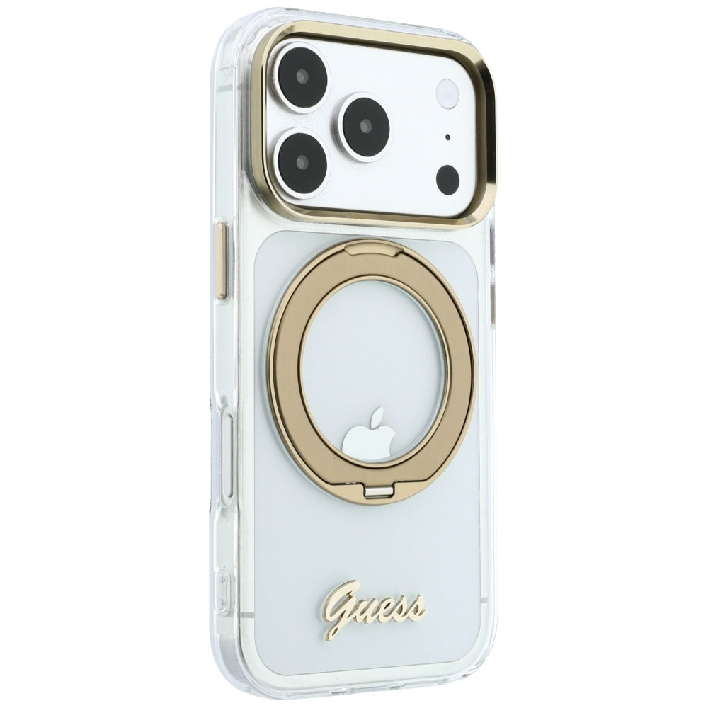 Funda MagSafe para Apple iPhone 18 Pro Max / 17 Pro Max, Guess, Soporte de Anillo Logo de Metal Script, Transparente