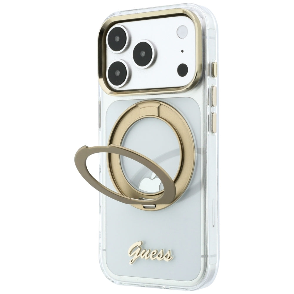 Funda MagSafe para Apple iPhone 18 Pro Max / 17 Pro Max, Guess, Soporte de Anillo Logo de Metal Script, Transparente