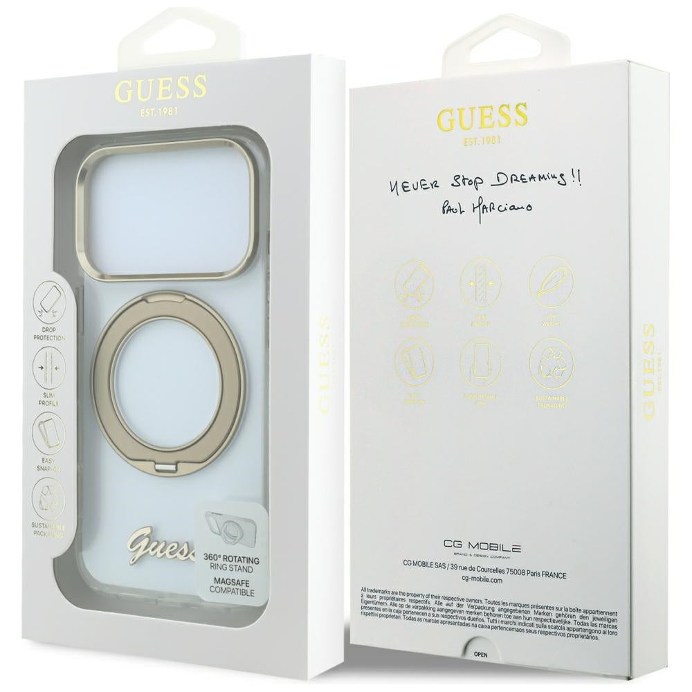 Funda MagSafe para Apple iPhone 18 Pro Max / 17 Pro Max, Guess, Soporte de Anillo Logo de Metal Script, Transparente