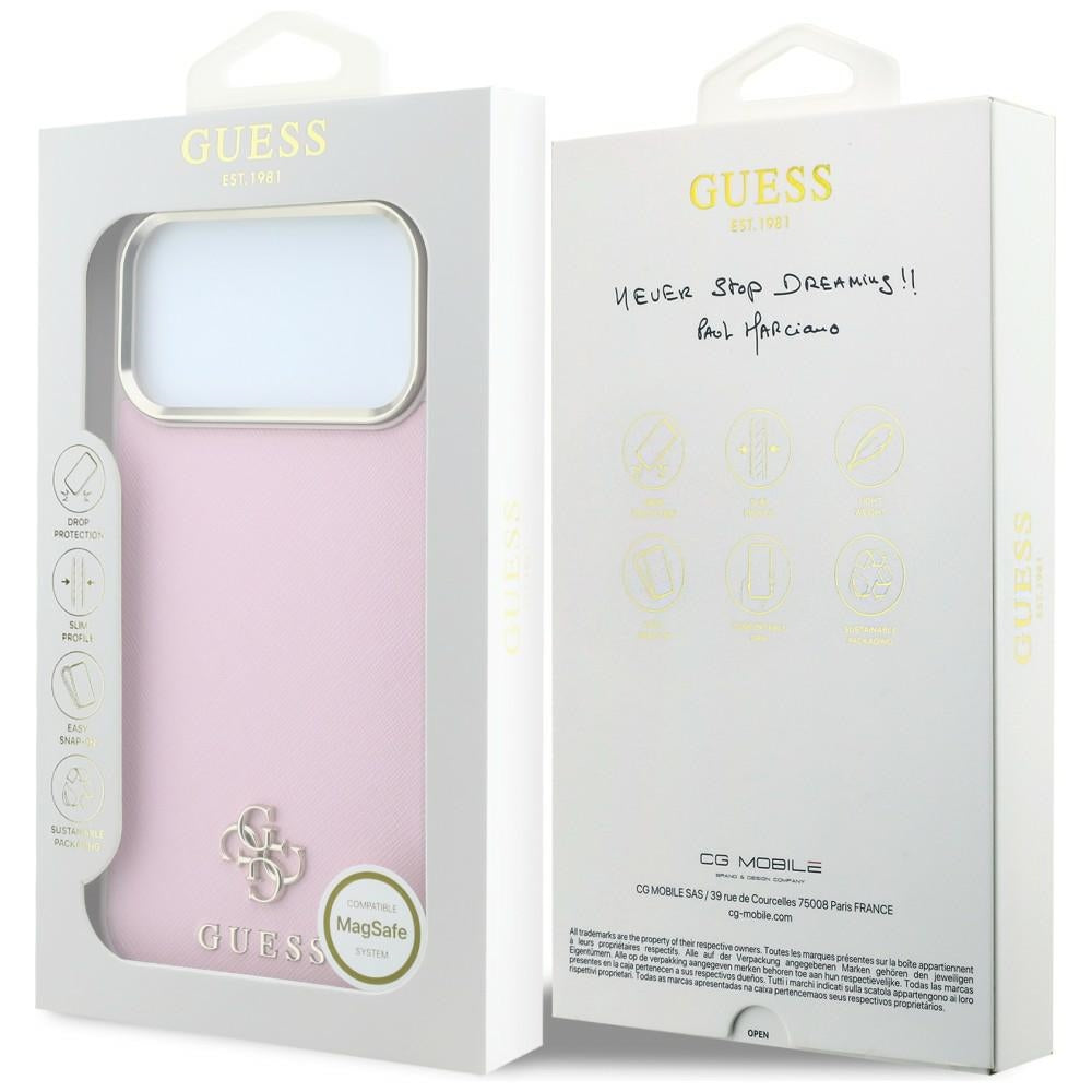Funda MagSafe para Apple iPhone 18 Pro Max / 17 Pro Max, Guess, Saffiano Small 4G Classic, Rosa