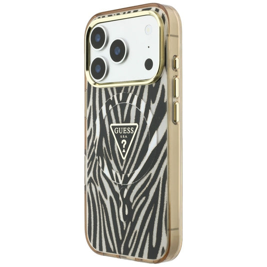 MagSafe Case for Apple iPhone 18 Pro Max / 17 Pro Max, Guess, Zebra Glitter Triangle Logo, Gold