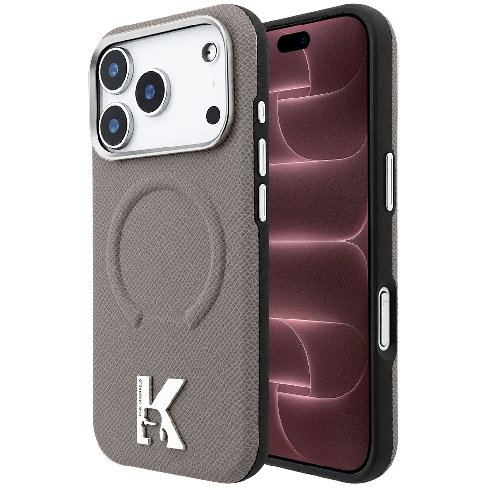 Funda MagSafe para Apple iPhone 18 Pro Max / 17 Pro Max, Karl Lagerfeld, Anillo en relieve granulada, Beige