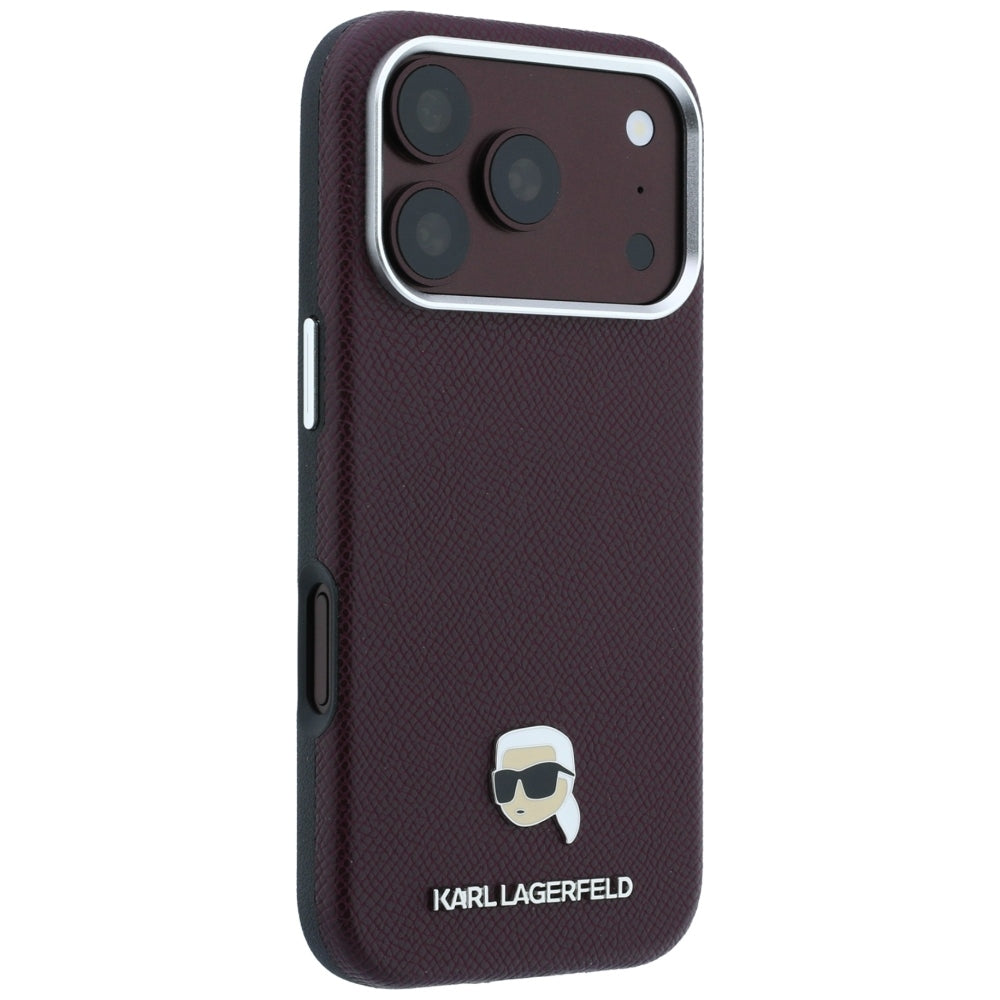 Funda MagSafe para Apple iPhone 18 Pro Max / 17 Pro Max, Karl Lagerfeld, Metal con textura de cabeza de Karl, Burdeos