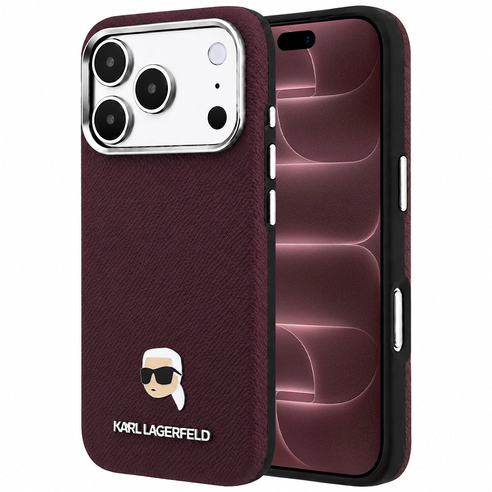 Funda MagSafe para Apple iPhone 18 Pro Max / 17 Pro Max, Karl Lagerfeld, Metal con textura de cabeza de Karl, Burdeos