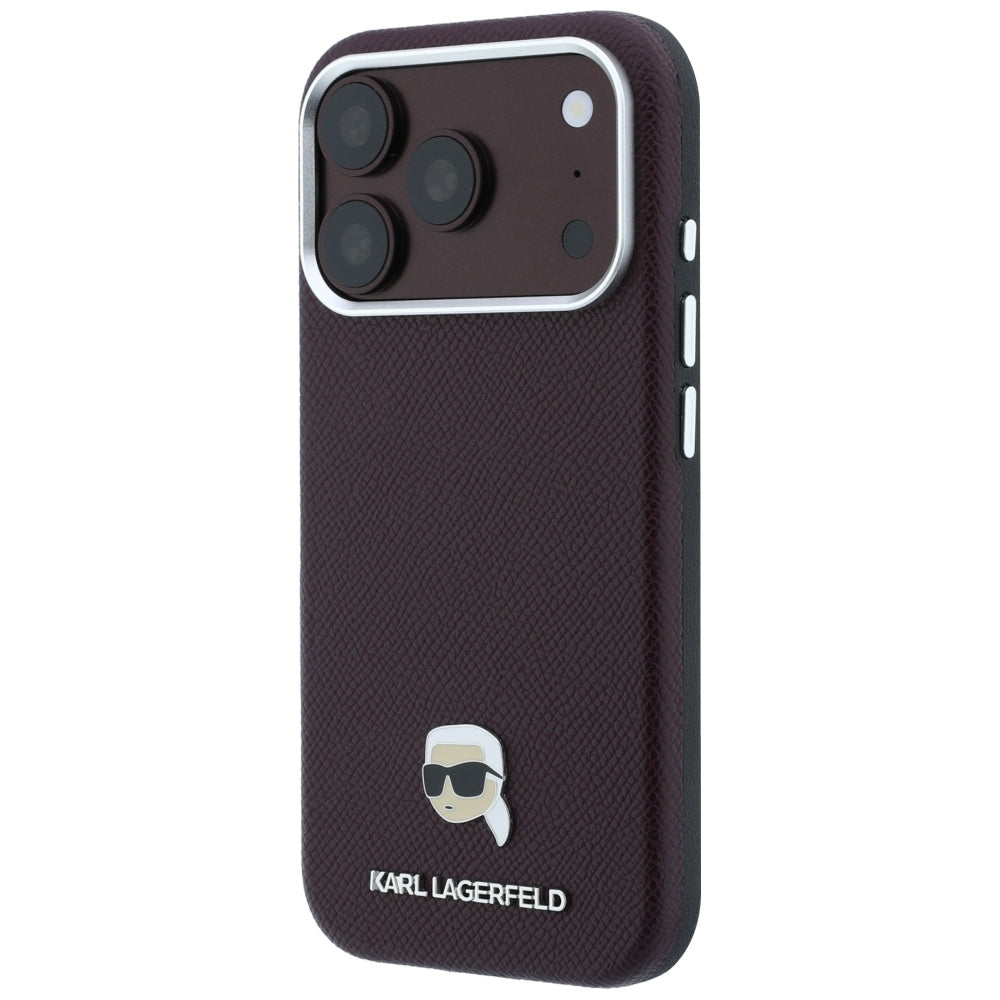 Funda MagSafe para Apple iPhone 18 Pro Max / 17 Pro Max, Karl Lagerfeld, Metal con textura de cabeza de Karl, Burdeos