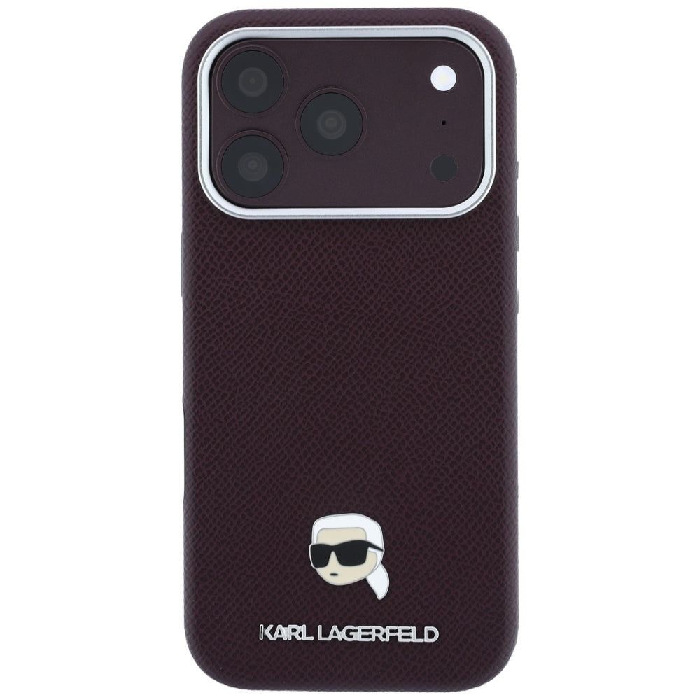 Funda MagSafe para Apple iPhone 18 Pro Max / 17 Pro Max, Karl Lagerfeld, Metal con textura de cabeza de Karl, Burdeos