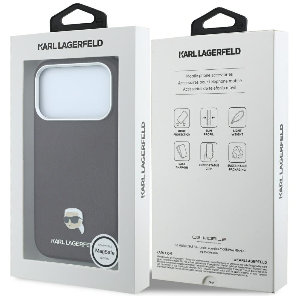 Funda MagSafe para Apple iPhone 18 Pro Max / 17 Pro Max, Karl Lagerfeld, Metal con textura de cabeza de Karl, Burdeos