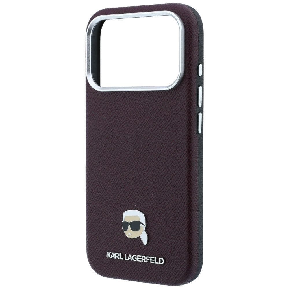 Funda MagSafe para Apple iPhone 18 Pro Max / 17 Pro Max, Karl Lagerfeld, Metal con textura de cabeza de Karl, Burdeos