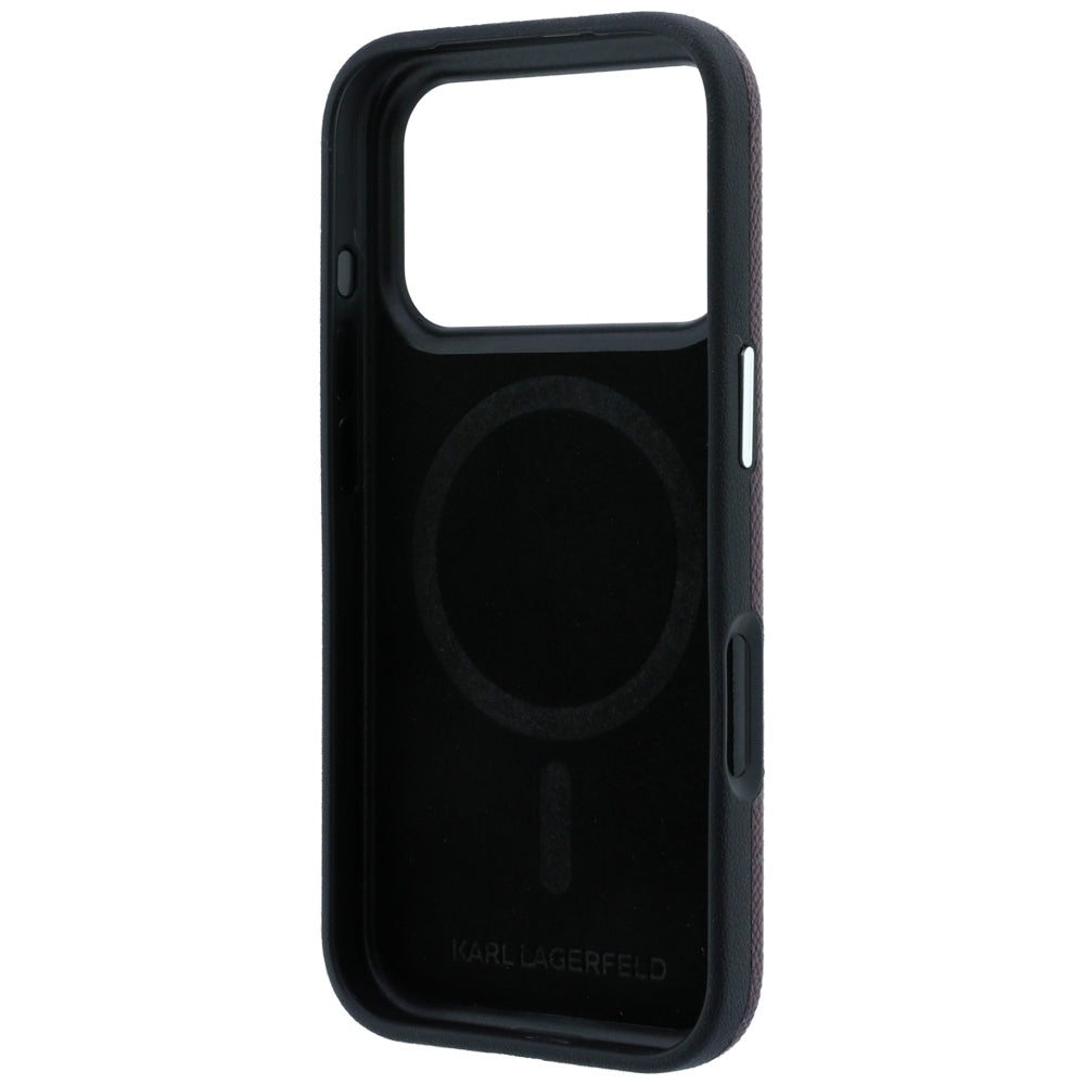 Funda MagSafe para Apple iPhone 18 Pro Max / 17 Pro Max, Karl Lagerfeld, Metal con textura de cabeza de Karl, Burdeos