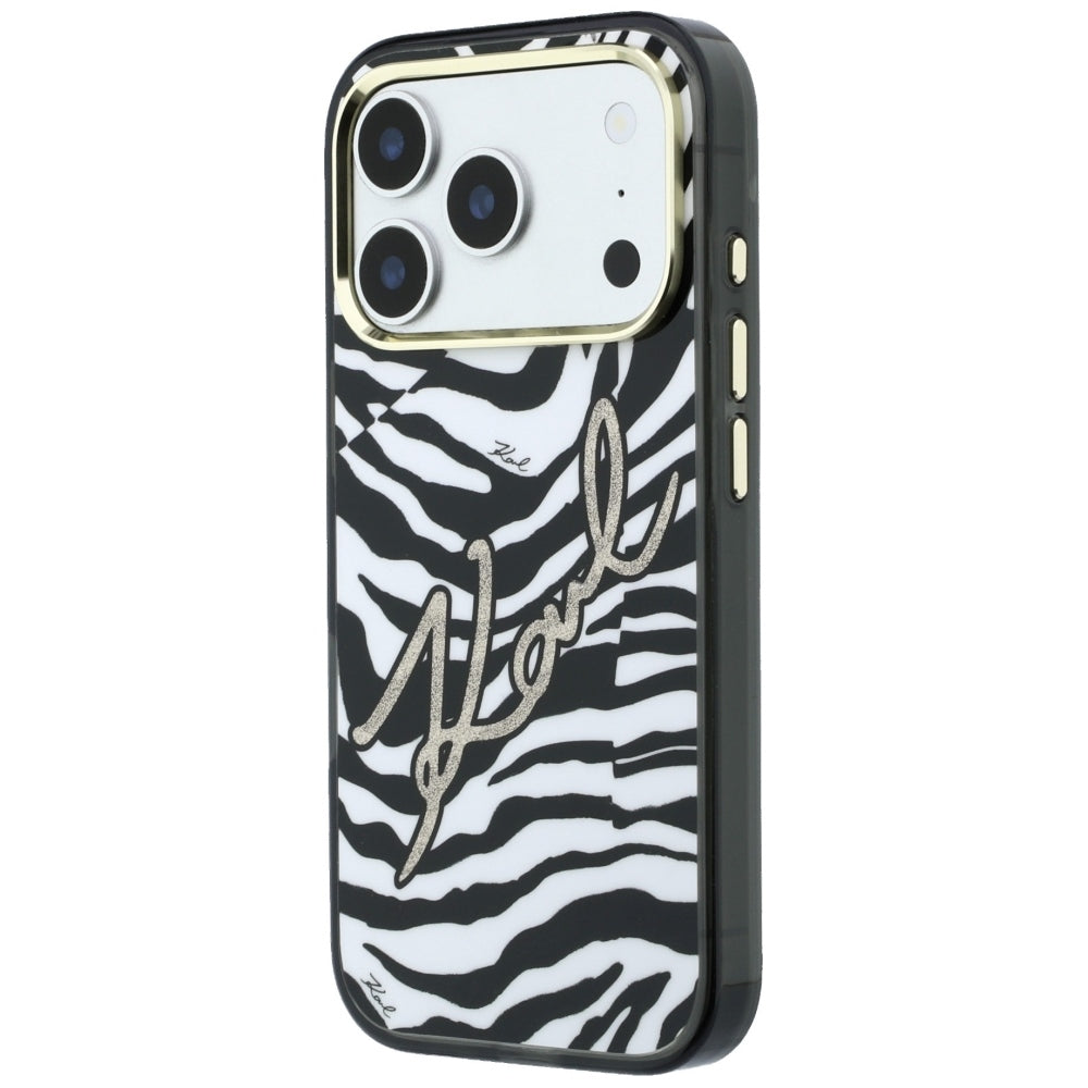 Funda MagSafe para Apple iPhone 18 Pro Max / 17 Pro Max, Karl Lagerfeld, HC IML Signature Zebra Glitter Gold, Negra