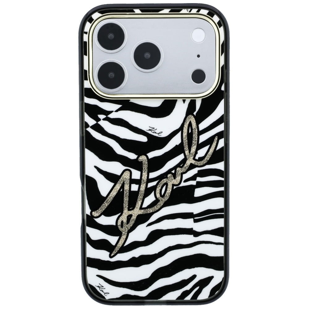 Funda MagSafe para Apple iPhone 18 Pro Max / 17 Pro Max, Karl Lagerfeld, HC IML Signature Zebra Glitter Gold, Negra