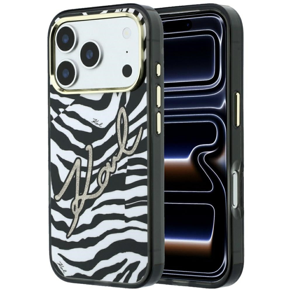 Funda MagSafe para Apple iPhone 18 Pro Max / 17 Pro Max, Karl Lagerfeld, HC IML Signature Zebra Glitter Gold, Negra