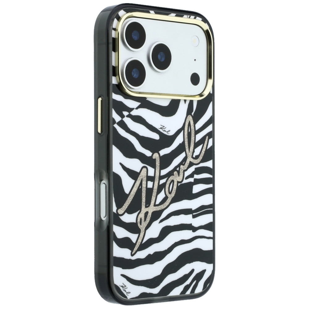 Funda MagSafe para Apple iPhone 18 Pro Max / 17 Pro Max, Karl Lagerfeld, HC IML Signature Zebra Glitter Gold, Negra