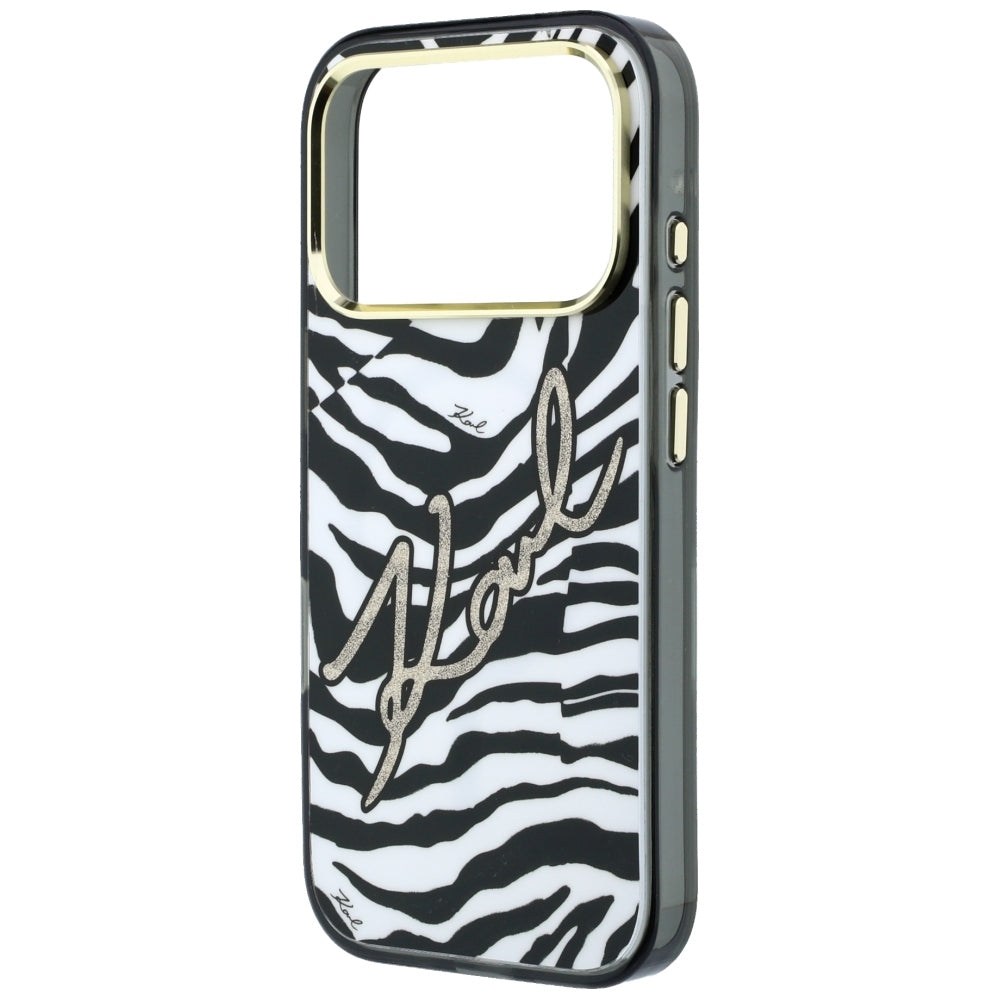 Funda MagSafe para Apple iPhone 18 Pro Max / 17 Pro Max, Karl Lagerfeld, HC IML Signature Zebra Glitter Gold, Negra