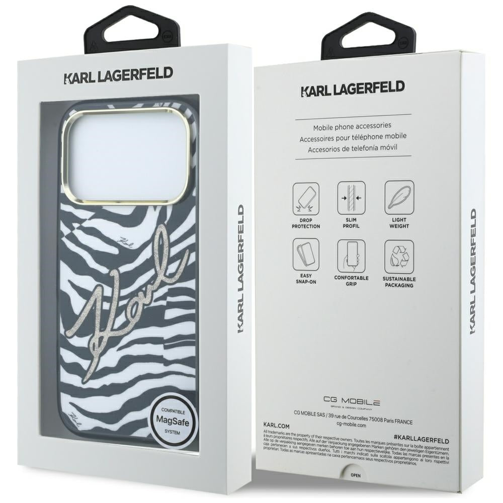 Funda MagSafe para Apple iPhone 18 Pro Max / 17 Pro Max, Karl Lagerfeld, HC IML Signature Zebra Glitter Gold, Negra