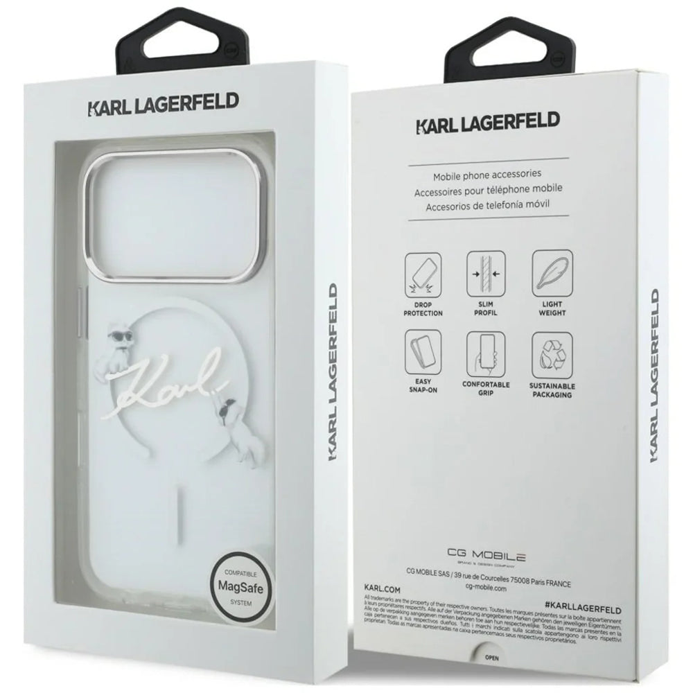 Funda MagSafe para Apple iPhone 18 Pro Max / 17 Pro Max, Karl Lagerfeld, IML Choupette Karl Script Logo, Transparente