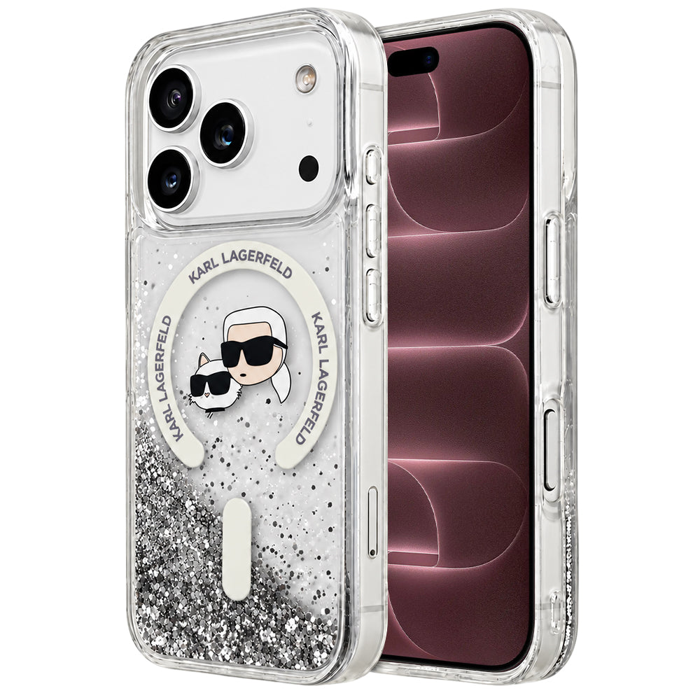 Funda MagSafe para Apple iPhone 18 Pro Max / 17 Pro Max, Karl Lagerfeld, Liquid Glitter Karl & Choupette Head's, Transparente