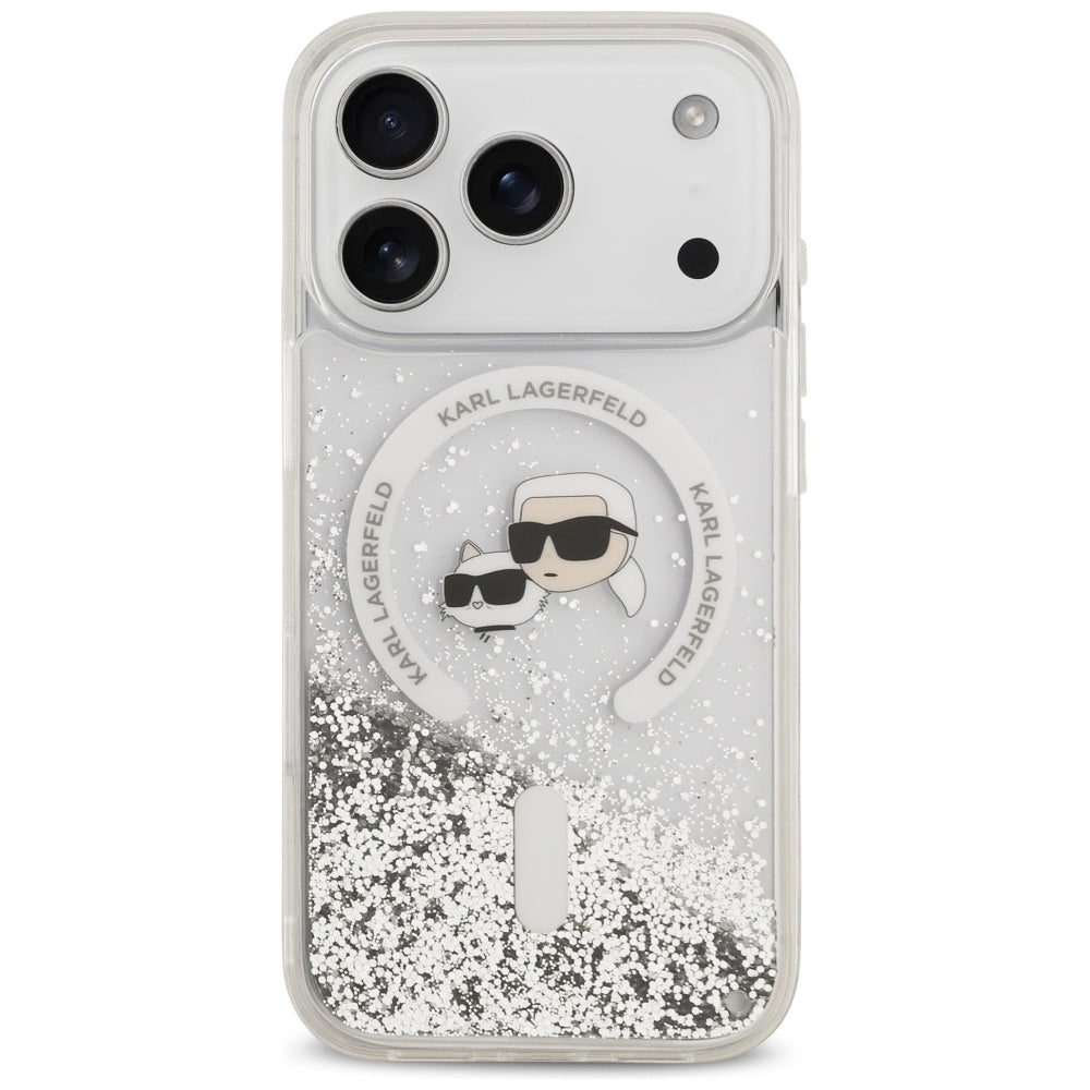 Funda MagSafe para Apple iPhone 18 Pro Max / 17 Pro Max, Karl Lagerfeld, Liquid Glitter Karl & Choupette Head's, Transparente