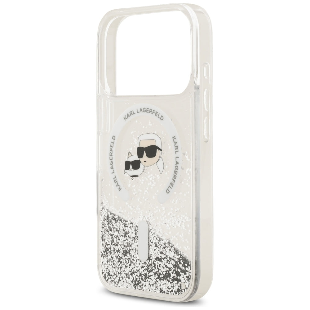 Funda MagSafe para Apple iPhone 18 Pro Max / 17 Pro Max, Karl Lagerfeld, Liquid Glitter Karl & Choupette Head's, Transparente