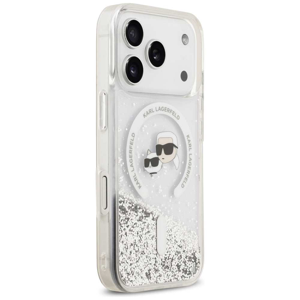 Funda MagSafe para Apple iPhone 18 Pro Max / 17 Pro Max, Karl Lagerfeld, Liquid Glitter Karl & Choupette Head's, Transparente