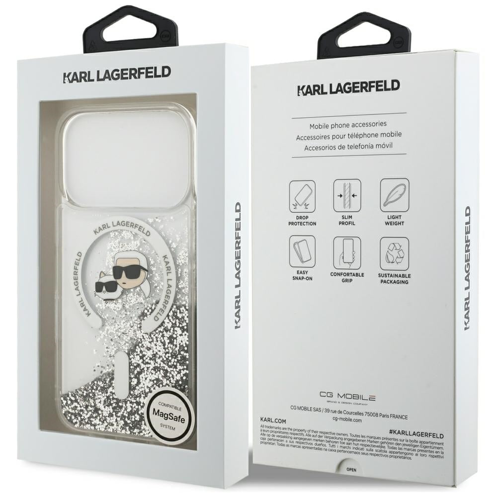 Funda MagSafe para Apple iPhone 18 Pro Max / 17 Pro Max, Karl Lagerfeld, Liquid Glitter Karl & Choupette Head's, Transparente