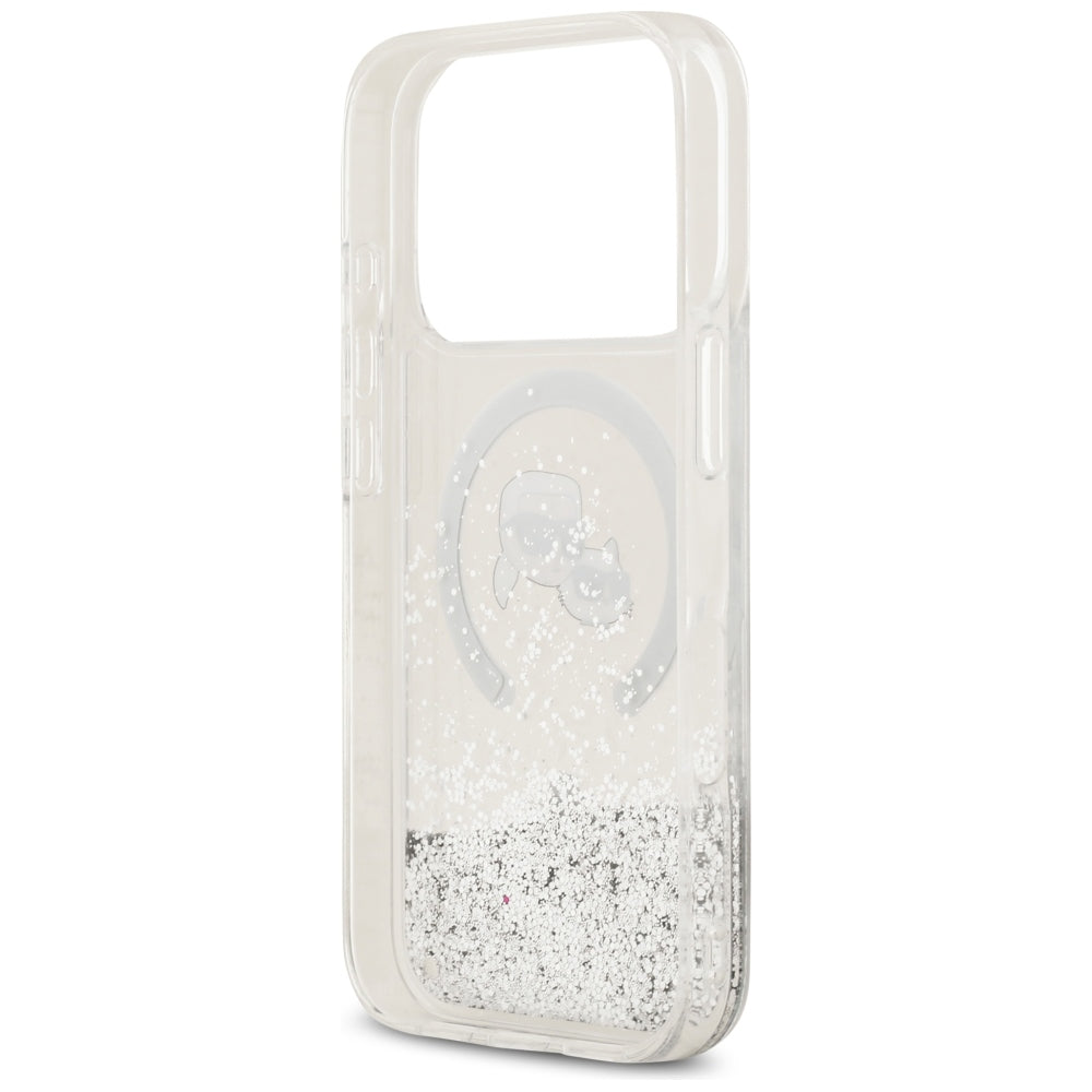 Funda MagSafe para Apple iPhone 18 Pro Max / 17 Pro Max, Karl Lagerfeld, Liquid Glitter Karl & Choupette Head's, Transparente